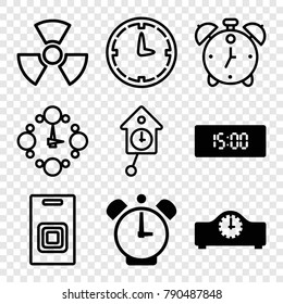 Set of 9 alarm filled and outline icons such as clock, digital clock, door bell, pendulum, alarm