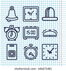 Set of 9 alarm outline icons such as alarm, clock, siren, bell, door bell, digital clock