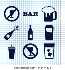 Set of 9 alcohol filled icons such as drink, bar, opened champagne, beer mug, no alcohol, bottle