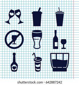 Set of 9 alcohol filled icons such as drink, champagne bottle with heart, clink glasses, wine glass and bottle