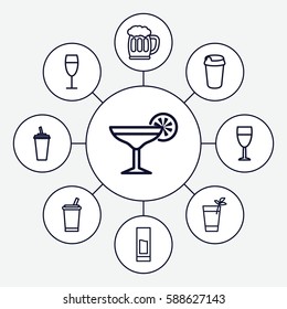 Set of 9 alcohol outline icons such as drink, wine glass, cocktail