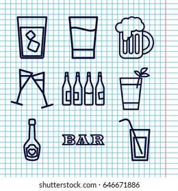 Set of 9 alcohol outline icons such as bottle, bar, drink, champagne bottle with heart, wine glass, beer mug