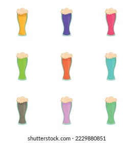 Set of 9 alcoholic beer foamy colorful cocktails - Vector illustration