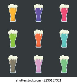 Set of 9 alcoholic beer foamy colorful cocktails - Vector illustration