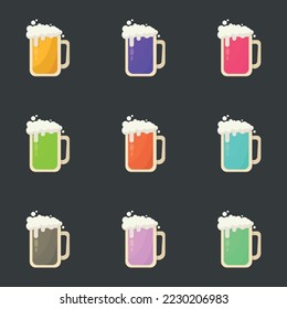 Set of 9 alcoholic beer foamy colorful cocktails - Vector illustration