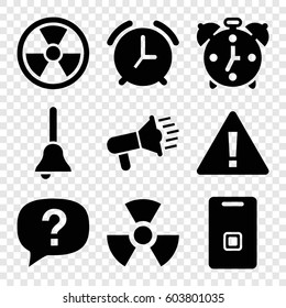 Set of 9 alert filled icons such as door ringer, bell, alarm, radiation, megaphone, exclamation