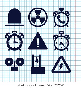 Set of 9 alert filled icons such as alarm, siren, voltage warning, bell, radiation