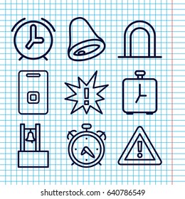 Set of 9 alert outline icons such as alarm, siren, warning, door ringer, bell