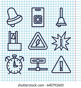 Set of 9 alert outline icons such as bell, bell, door bell, voltage warning, alarm, warning, exclamation