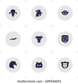 Set Of 9 Alive Icons Set.Collection Of Tomcat, Mutton, Steed And Other Elements.