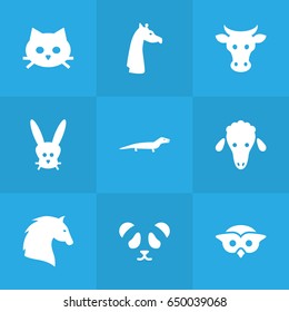 Set Of 9 Alive Icons Set.Collection Of Night Fowl, Camelopard, Kine And Other Elements.