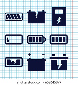 Set of 9 alkaline filled icons such as battery, baterry