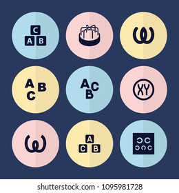 Set of 9 alphabet filled icons such as abc cube, abc, omega, eye test, child playground carousel