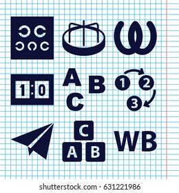 Set of 9 alphabet filled icons such as abc cube, child playground carousel, eye test, wb, sport score, 1 2 3, paper plane, abc