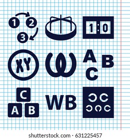 Set of 9 alphabet filled icons such as abc cube, child playground carousel, eye test, wb, sport score, 1 2 3, xy, abc