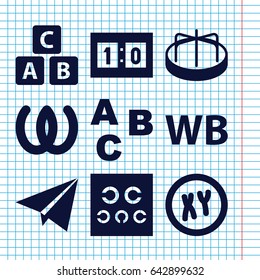 Set of 9 alphabet filled icons such as abc cube, child playground carousel, eye test, wb, sport score, paper plane, xy, abc