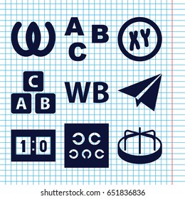 Set of 9 alphabet filled icons such as abc cube, child playground carousel, eye test, wb, sport score, paper plane, xy, abc