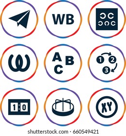 Set of 9 alphabet filled icons such as child playground carousel, eye test