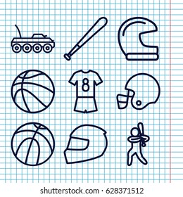 Set of 9 american outline icons such as military car, baseball player, helmet, football uniform, baseball bat, basketball