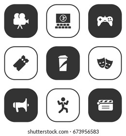 Set Of 9 Amusement Icons Set.Collection Of Action, Joystick, Theater And Other Elements.