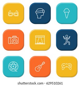 Set Of 9 Amusement Outline Icons Set.Collection Of Guitar, 3D Glasses, Dancing Man And Other Elements.