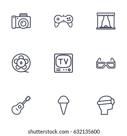 Set Of 9 Amusement Outline Icons Set.Collection Of 3D Glasses, Game Controller, Guitar And Other Elements.