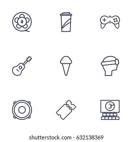 Set Of 9 Amusement Outline Icons Set.Collection Of Game Controller, Film Role, Soft Drink And Other Elements.