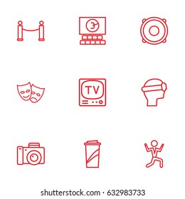 Set Of 9 Amusement Outline Icons Set.Collection Of Cinema, Vr Helmet, Soft Drink And Other Elements.