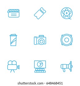 Set Of 9 Amusement Outline Icons Set.Collection Of Bullhorn, Soft Drink, Film Role And Other Elements.