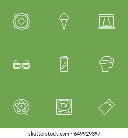 Set Of 9 Amusement Outline Icons Set.Collection Of Theater, Soft Drink, Speaker And Other Elements.