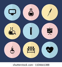 Set of 9 analysis filled icons such as board, pipette, test tube, graph on board, test tube search