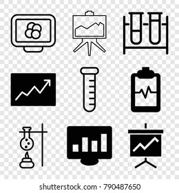 Set of 9 analysis filled and outline icons such as heartbeat clipboard, chart on display, line graph, test tube, atom on display, board