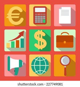 Set of 9 analysis and marketing colorful square icons with long shadow isolated on red background