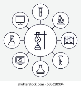 Set of 9 analysis outline icons such as test tube, board, microscope