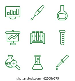 set of 9 analysis outline icons such as pipette, test tube search, test tube, graph on board