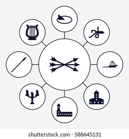 Set of 9 ancient filled icons such as castle, harp, candlestick, sundial, dinosaur, arrow bow, spear