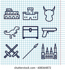 Set of 9 ancient outline icons such as Coliseum, castle, chest, dinosaur, spear, gun, helmet