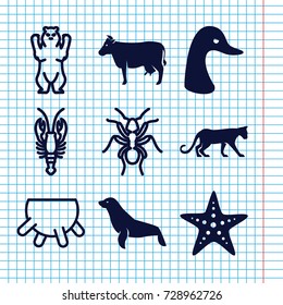 Set of 9 animal filled and outline icons such as cow, panther, goose, seal, starfish, bear, crab, ant