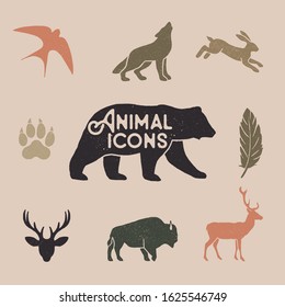 Set of 9 animal icons. Hand drawn with vintage textures.