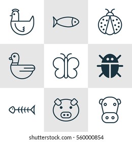 Set Of 9 Animal Icons. Includes Piglet, Moth, Ladybird And Other Symbols. Beautiful Design Elements.