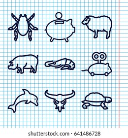 Set of 9 animal outline icons such as alligator, beetle, bull skull, sheep, pig, turtle, mouse toy, piggy bank