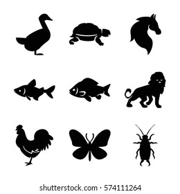 Set of 9 Animals Filled icons such as lion, fish, horse, chicken, butterfly, turtle, beetle, goose