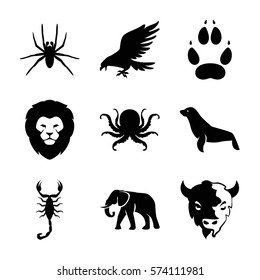 Set of 9 Animals Filled icons such as lion, eagle, octopus, spider, elephant, scorpion, goat, animal paw, seal