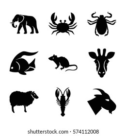 Set of 9 Animals Filled icons such as giraffe, fish, mouse, crab, elephant, goat, sheep, beetle