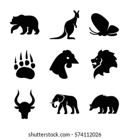 Set of 9 Animals Filled icons such as animal paw, bear, lion, elephant, butterfly, bull, chicken, kangaroo