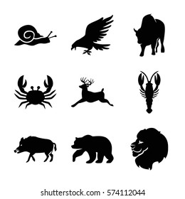 Set of 9 Animals Filled icons such as hog, bear, lion, eagle, crab, deer, buffalo, snail