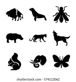 Set of 9 Animals Filled icons such as panther, buffalo, squirrel, wolf, butterfly, hippopotamus, elephant, seal, fly