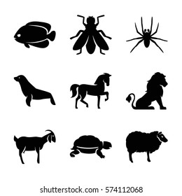 Set of 9 Animals Filled icons such as lion, horse, spider, sheep, fish, goat, turtle, seal, fly