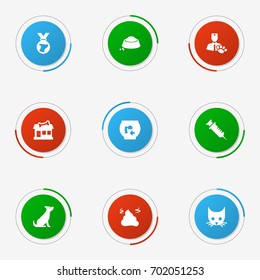 Set Of 9 Animals Icons Set.Collection Of Medallion, Fishbowl, Food And Other Elements.