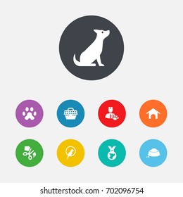 Set Of 9 Animals Icons Set.Collection Of Footprint, Pet Crate, Dog And Other Elements.